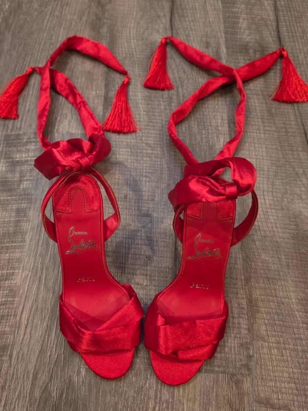 Christian Louboutin Red Satin Wrap-Ankle Stiletto Heels with Tassel - Picture 5 of 7